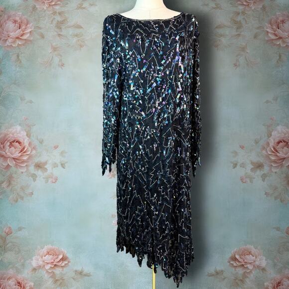 Vintage Saint Honore 100% Silk Beaded & Sequin Jagged Edge Midi Shift Dress - Picture 1 of 10